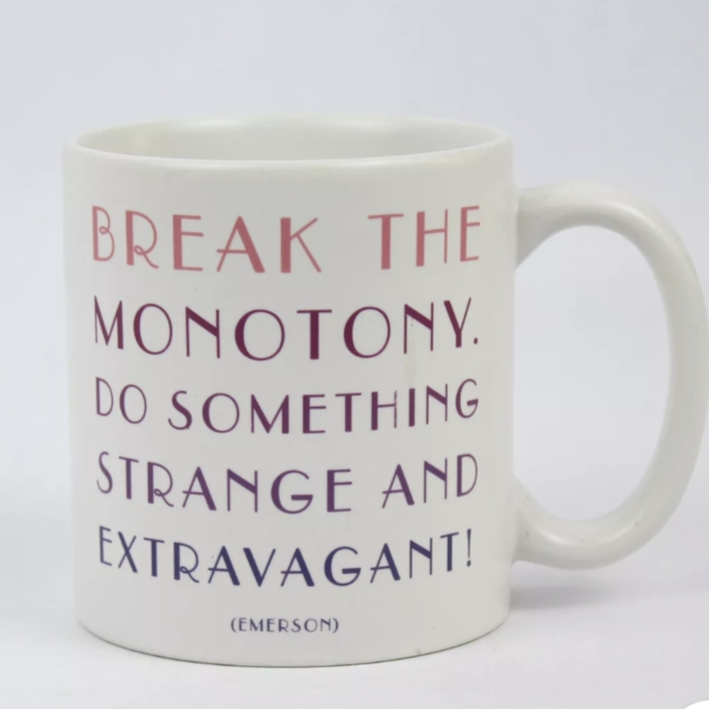 White Ceramic Mug with Red and Purple Text
